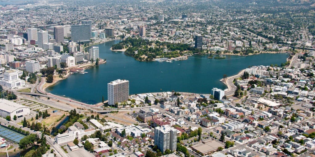 Aerial view of Lake Merritt, Oakland, California — the heart of the city
